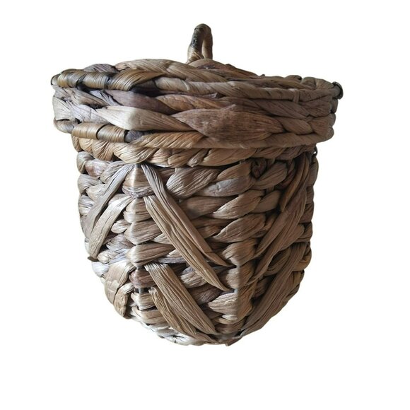 Handwoven Basket Acorn-Shaped Natural Wicker Rattan Straw Storage Boho With Lid - Picture 1 of 11